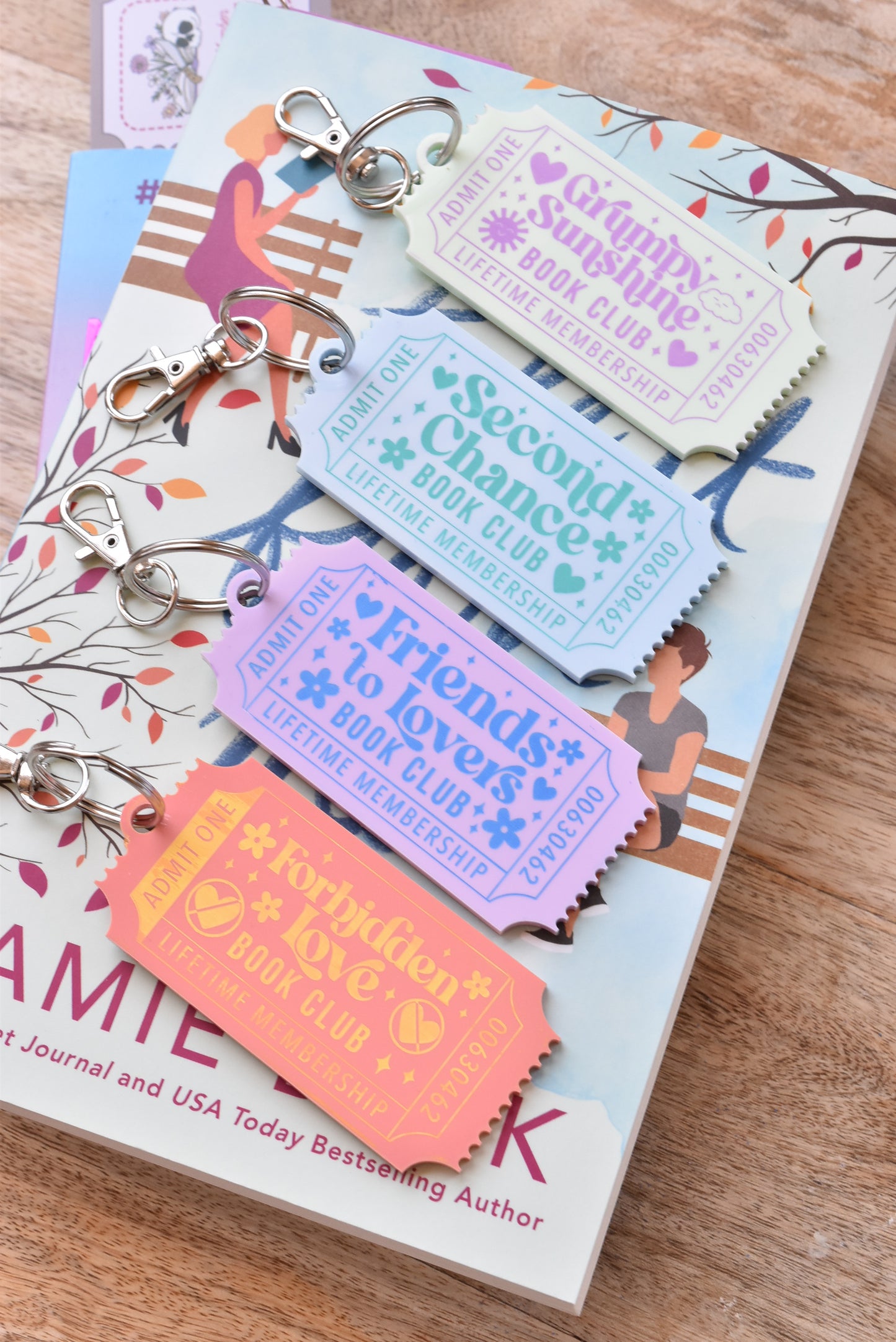 Romance Book Trope Keychains – Vintage Ticket Style Acrylic Keychain Set, Bookish Gift for Readers
