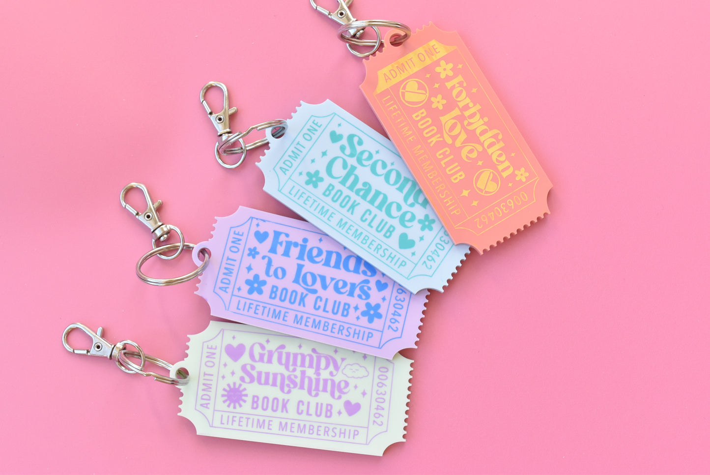 Romance Book Trope Keychains – Vintage Ticket Style Acrylic Keychain Set, Bookish Gift for Readers