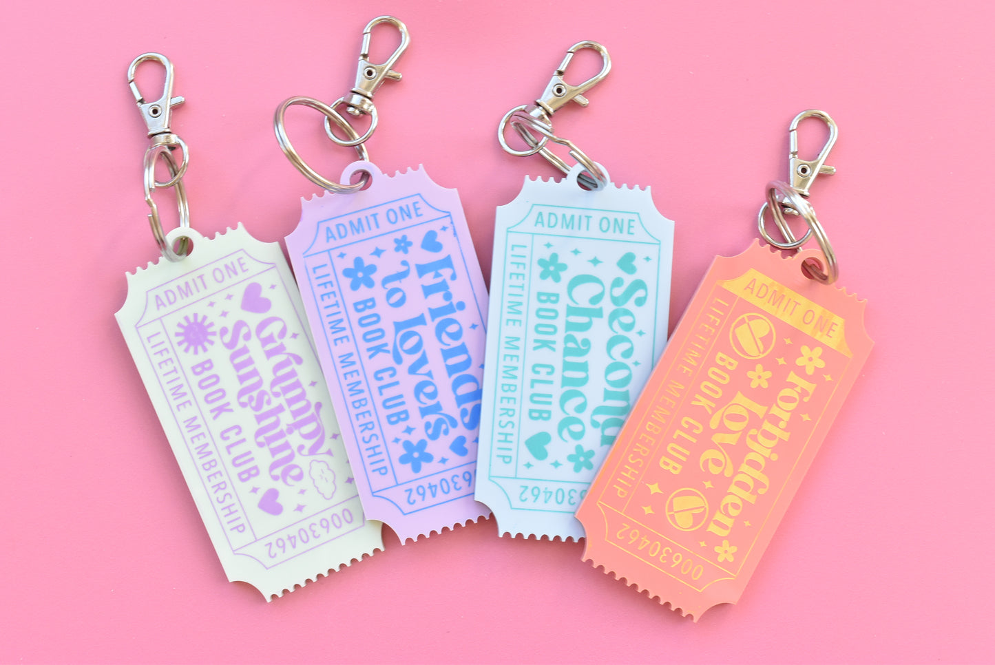 Romance Book Trope Keychains – Vintage Ticket Style Acrylic Keychain Set, Bookish Gift for Readers