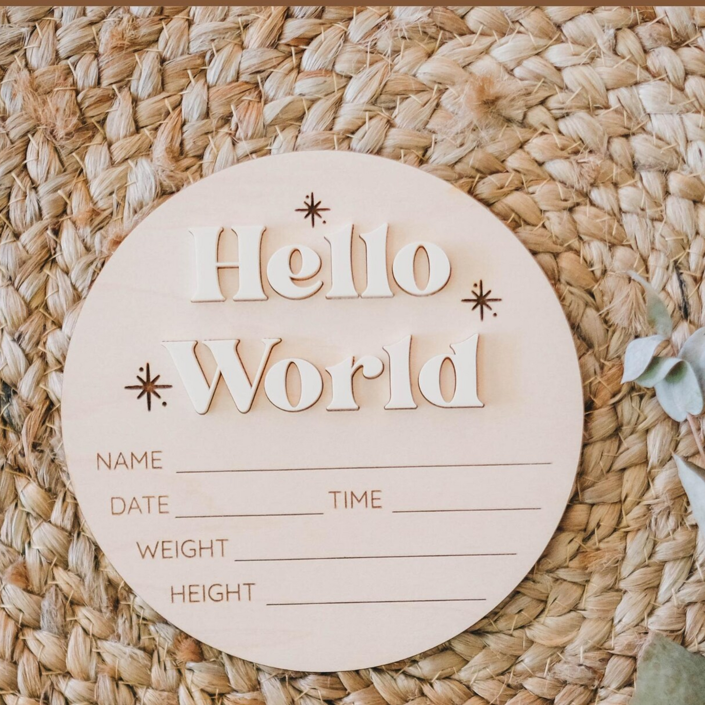 Wood Birth Announcement Sign with 3D “Hello World” – Newborn Photo Prop Keepsake