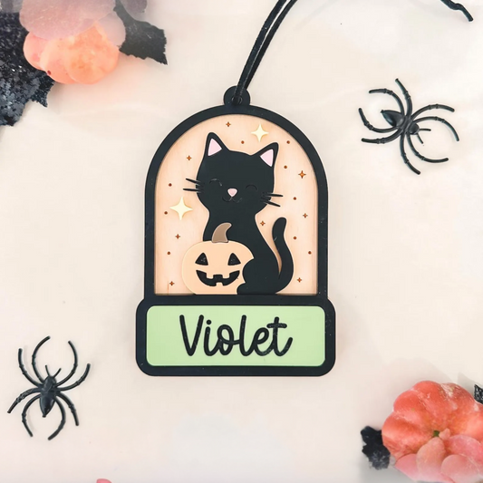Personalized Halloween Black Cat Ornament – Custom Name Pumpkin Tag for Trick or Treat Bags & Boo Baskets