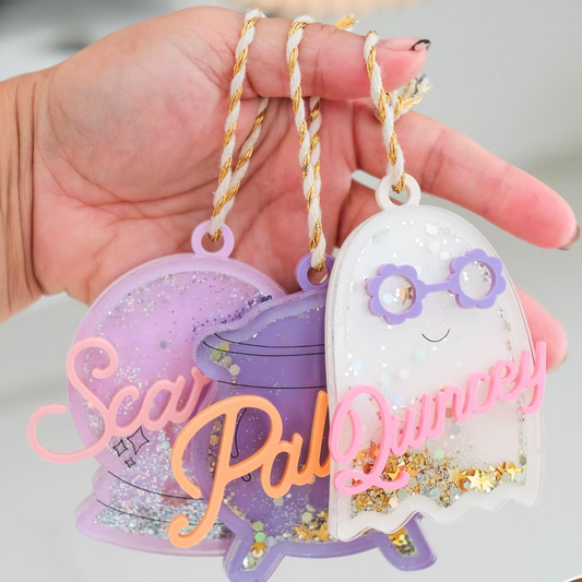 Personalized Halloween Ghost Shaker Ornament – Custom Name Glitter Boo Basket Tag & Trick or Treat Bag Charm