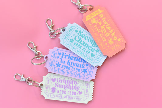Romance Book Trope Keychains – Vintage Ticket Style Acrylic Keychain Set, Bookish Gift for Readers