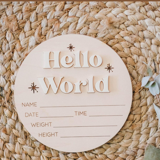Wood Birth Announcement Sign with 3D “Hello World” – Newborn Photo Prop Keepsake