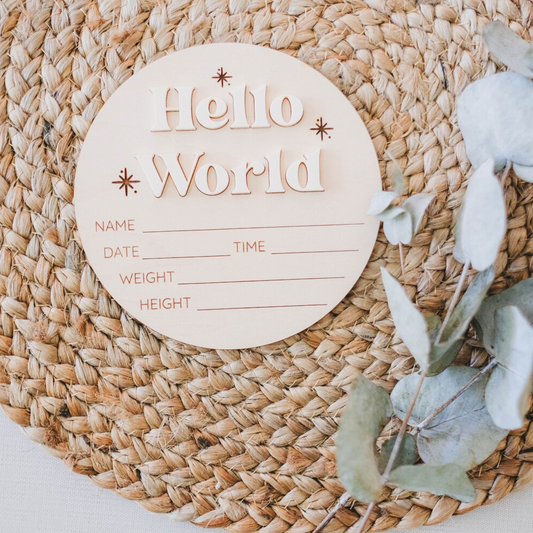 Wood Birth Announcement Sign with 3D “Hello World” – Newborn Photo Prop Keepsake