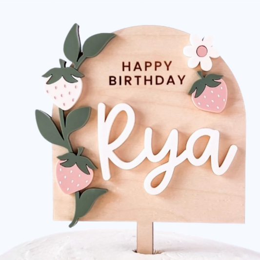 Wood Cake Topper with Strawberry & Name Design – Girl’s Birthday Party Keepsake