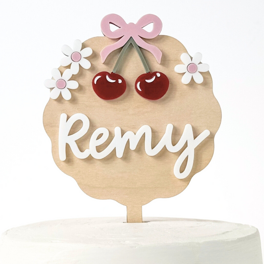 Handmade Cherry Name Cake Topper – Custom Wooden Cake Decor with Daisies & Bow