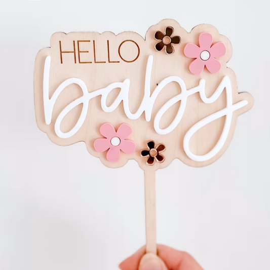 Wooden “Hello Baby” Cake Topper with 3D Florals – Baby Shower Keepsake Gift