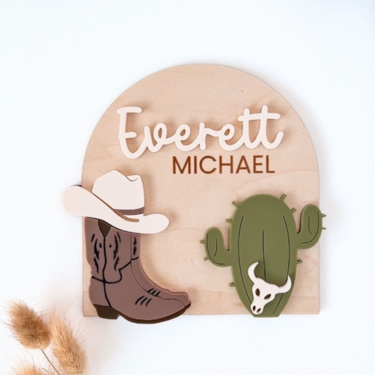 Western Nursery Name Sign – Personalized Cowboy Baby Room Decor | Rustic Cactus Wall Plaque
