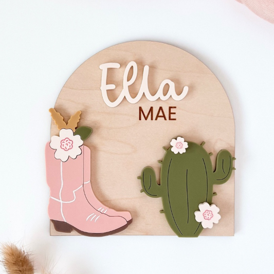 Personalized Western Name Sign – Custom Baby Name Plaque with Cowboy Boot & Cactus Design